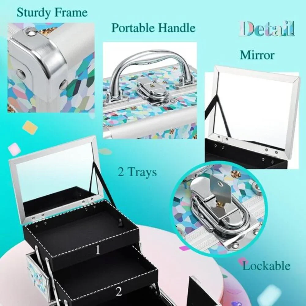 New Portable Kids Makeup Train Case with Mirror & Lock, Hard Organizer Box